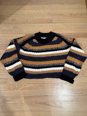 Free People Black, Mustard & White Striped Crewneck Sweater, Size Medium